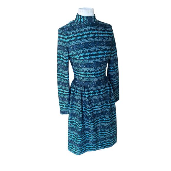 Vintage 70s Dress Blue Patterned Knit Midi Fit & Flare Long Sleeves Small S Bold - Picture 10 of 11